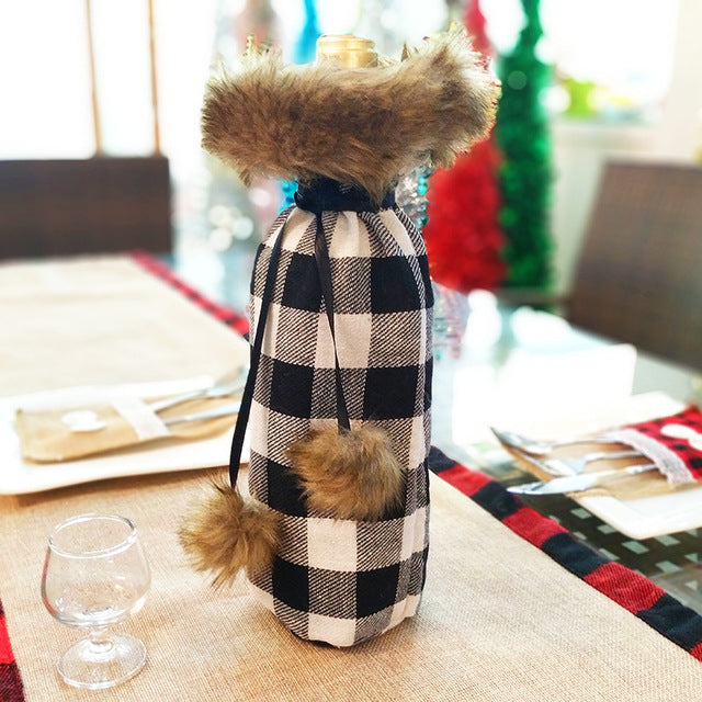 Plaid Wine Bottle Covers with Faux Fur Trim from Mish Mash Market