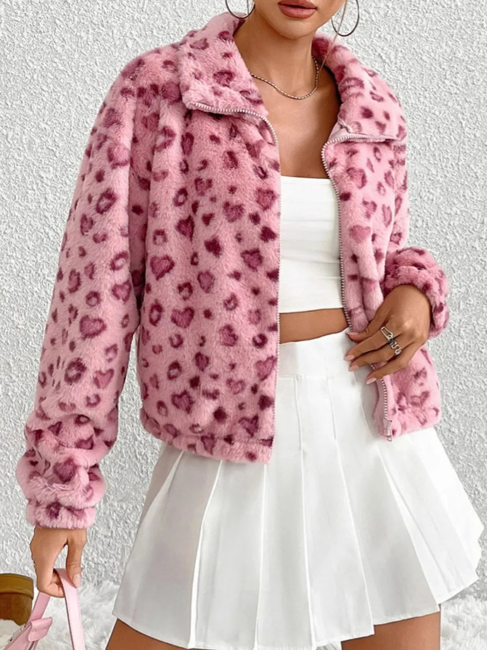 Women’s Valentine’s Day Love Print Faux Fur Jacket – Long Sleeved Zippered Plush Coat