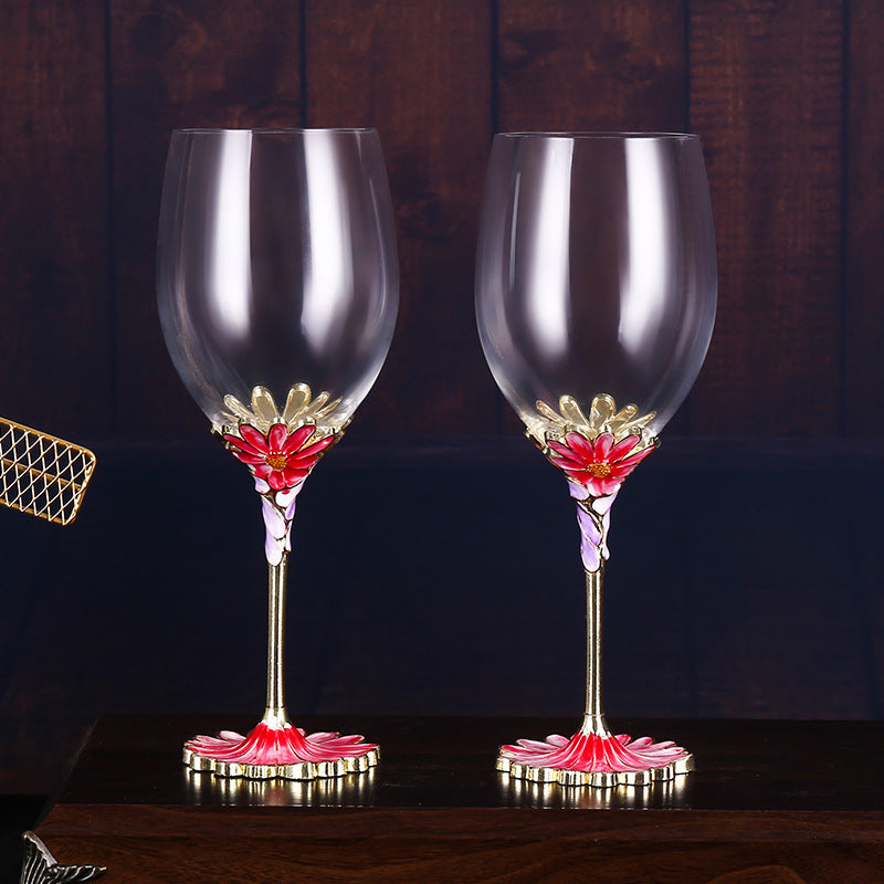 European Handcrafted Enamel Flower Motif Crystal Red Wine Glass