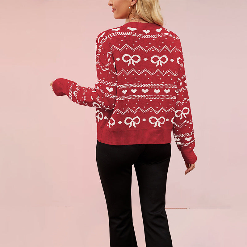 Women’s Valentine's Day Heart Pattern Cardigan – V-Neck Long Sleeve Knitted Sweater Jacket