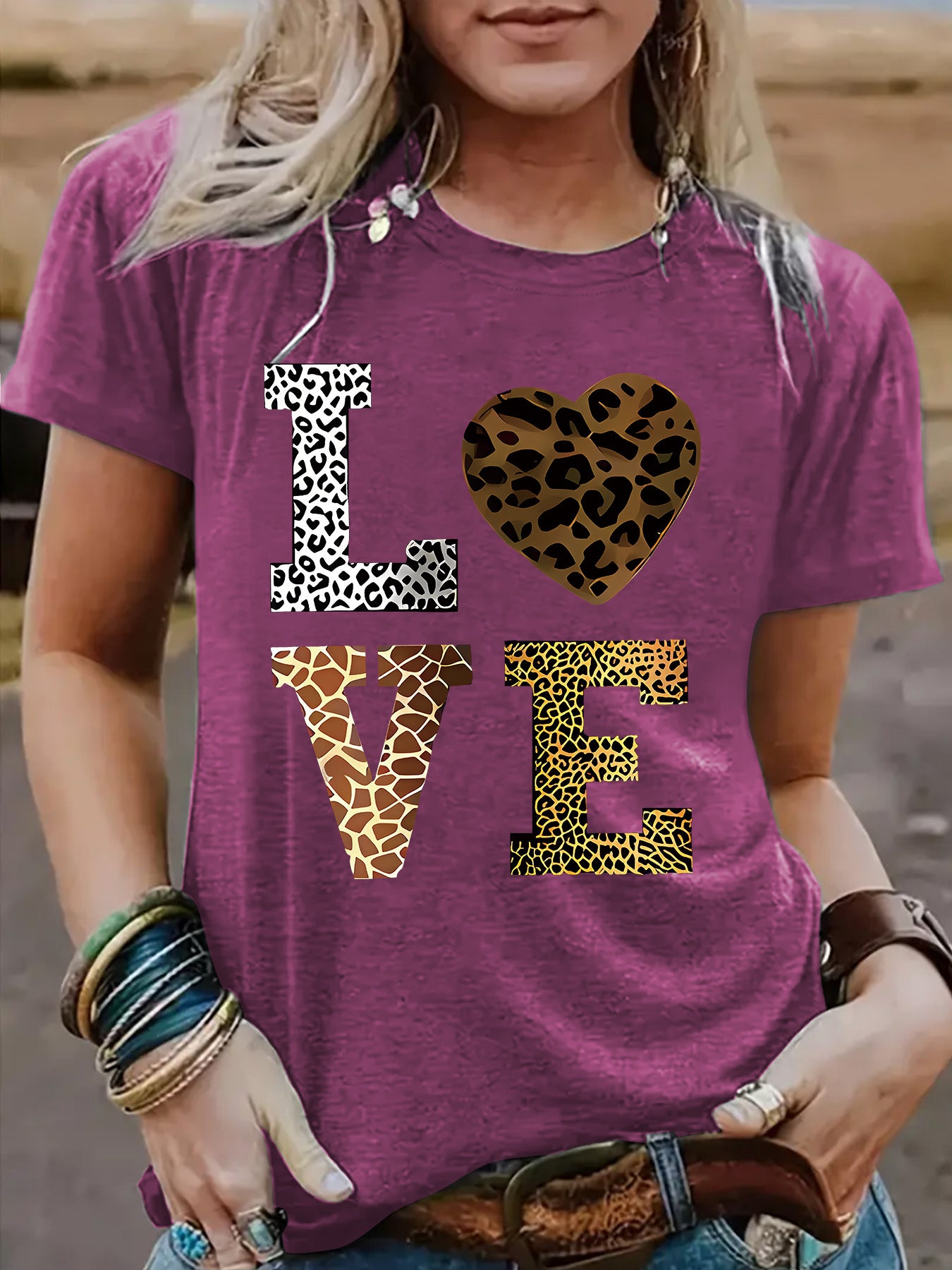 Women’s Leopard Print Love Heart T-Shirt – Short Sleeve Crew Neck Graphic Tee