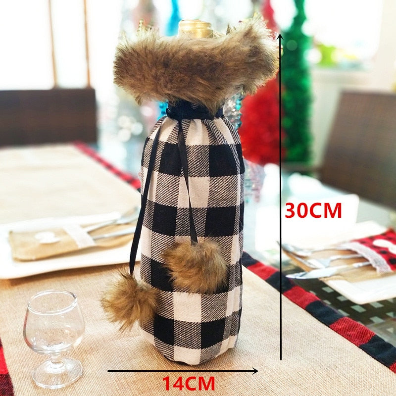 Plaid Wine Bottle Covers with Faux Fur Trim
