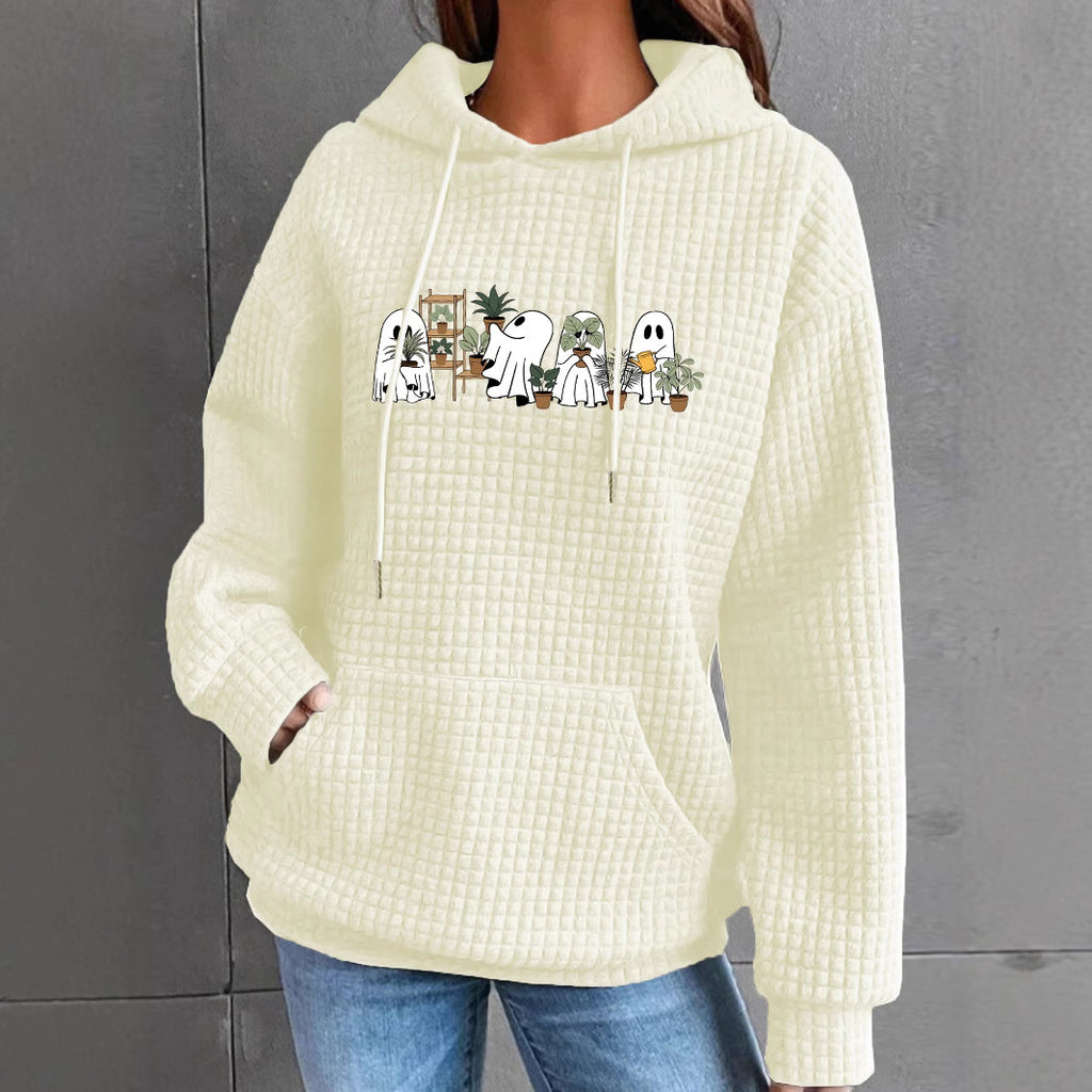 Women's Waffle Knit Halloween Ghost Graphic Hoodie with Kangaroo Pocket from Mish Mash Market