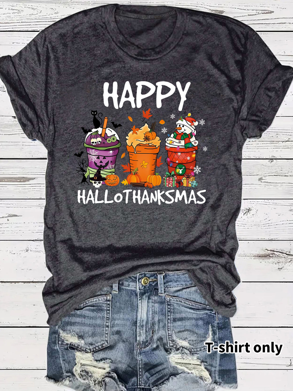 Women's Happy Hallothanksmas T-Shirt – Holiday Graphic Crew Neck Short Sleeve Top from Mish Mash Market