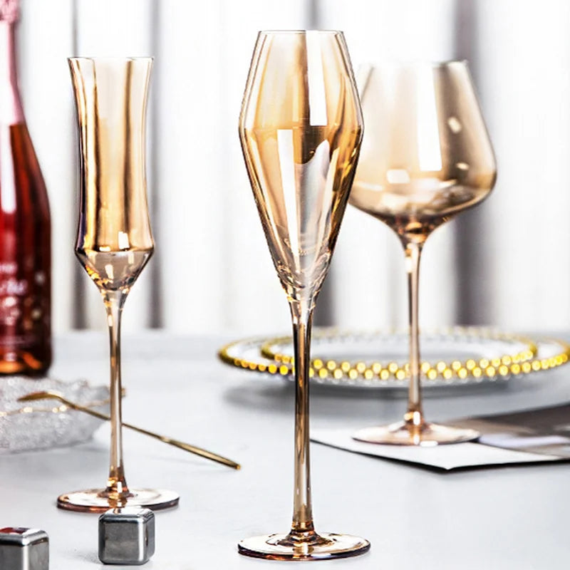 Nordic Luxury Amber Champagne Flutes – Gold Rimmed Lead-Free Crystal from Mish Mash Market