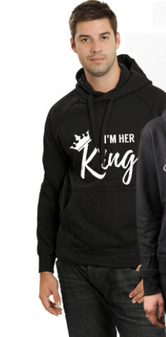 Couple Hooded Sweatshirt with Fleece Lining - I Am His King Queen Gold Letter Creative Sweatshirt from Mish Mash Market