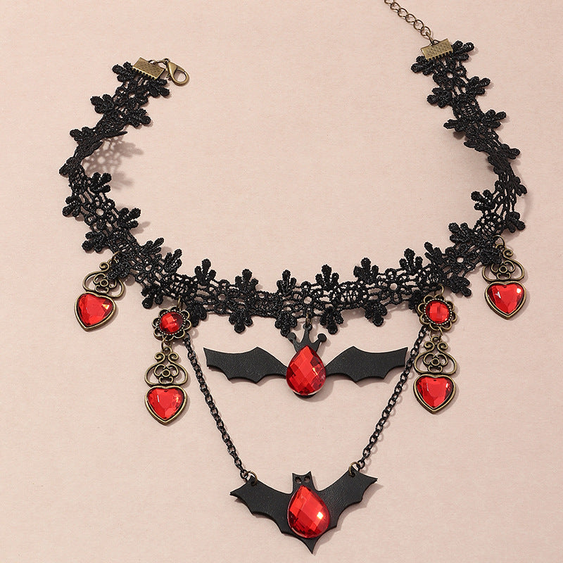 Gothic Lace Bat Choker Necklace with Red Crystal Charms from Mish Mash Market
