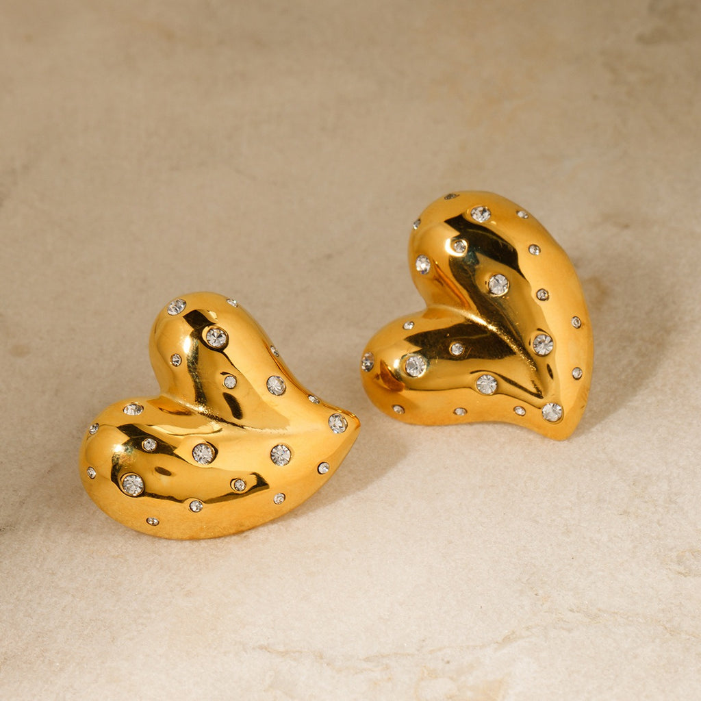 18K Gold Plated Heart Stud Earrings - Chunky Crystal Heart Jewelry for Women from Mish Mash Market