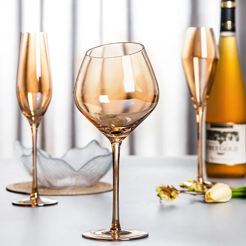 Nordic Luxury Amber Champagne Flutes – Gold Rimmed Lead-Free Crystal from Mish Mash Market