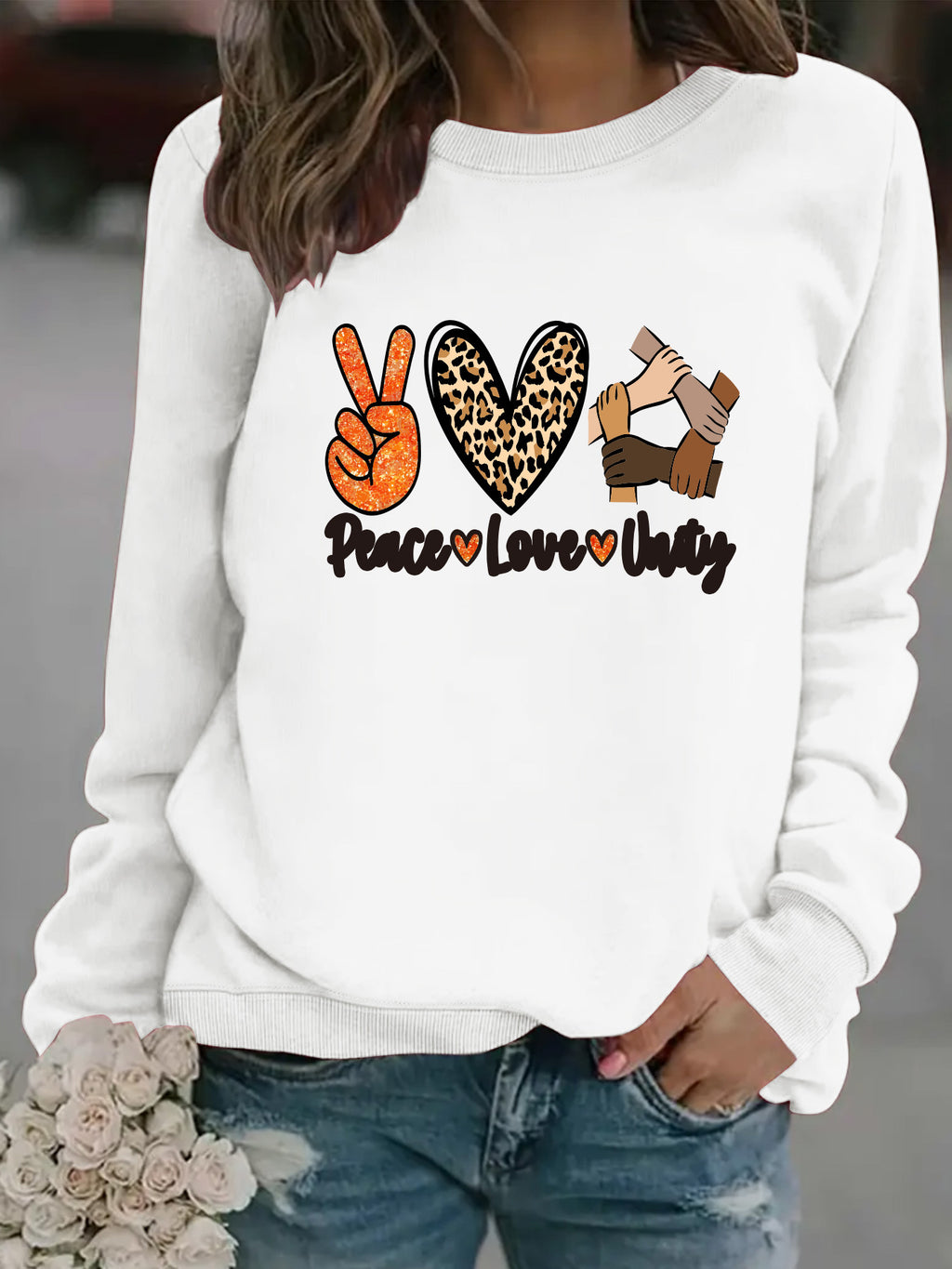 Women’s Peace Love Unity Printed Pullover – Casual Long Sleeve Crew Neck Graphic Sweatshirt from Mish Mash Market
