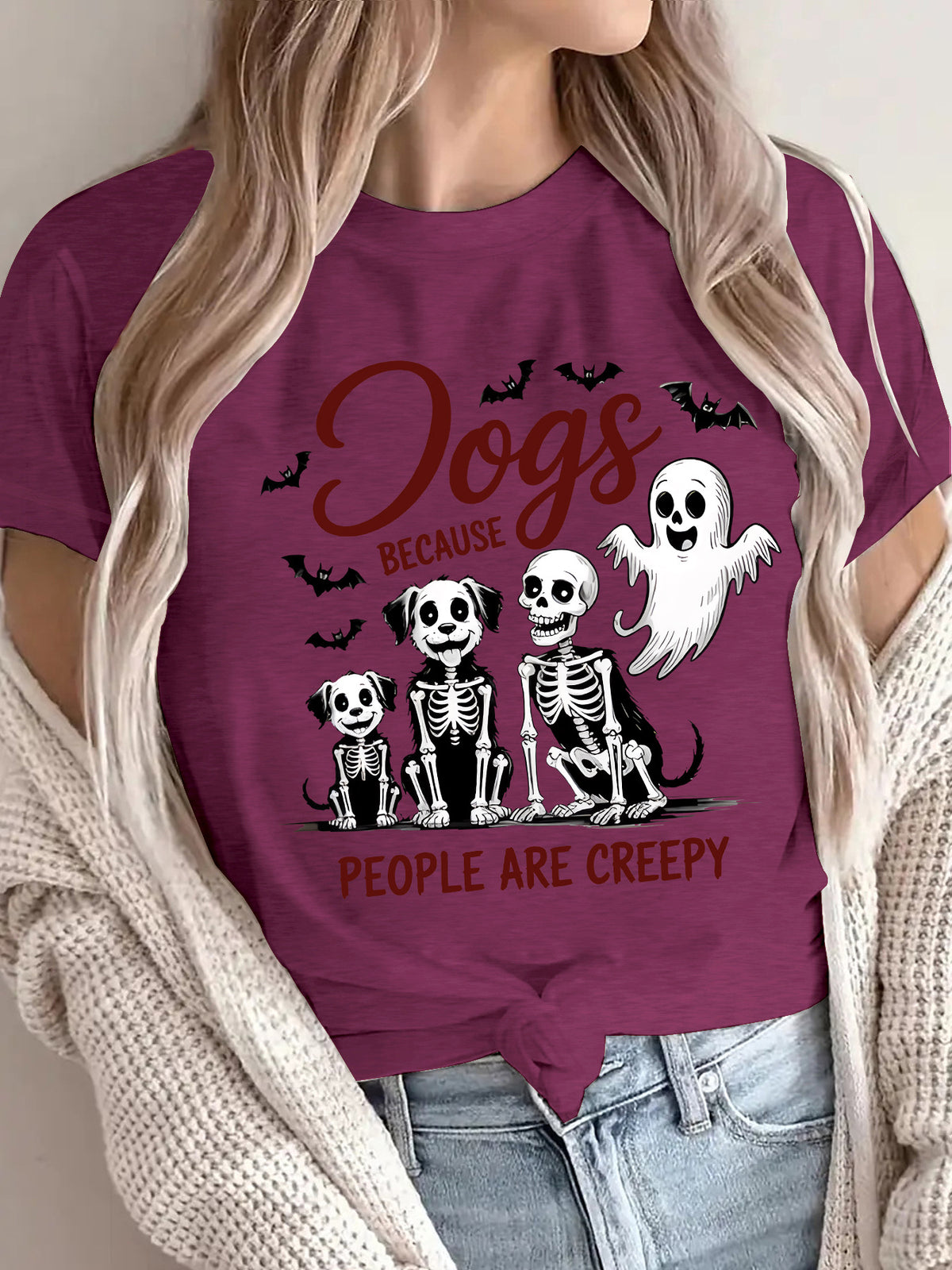 Women's "Dogs Because People Are Creepy" Halloween Printed T-Shirt - Short Sleeve Graphic Tee
