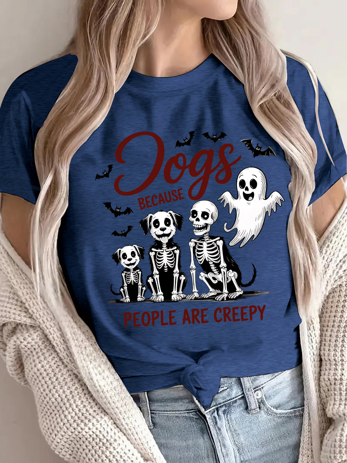 Women's "Dogs Because People Are Creepy" Halloween Printed T-Shirt - Short Sleeve Graphic Tee