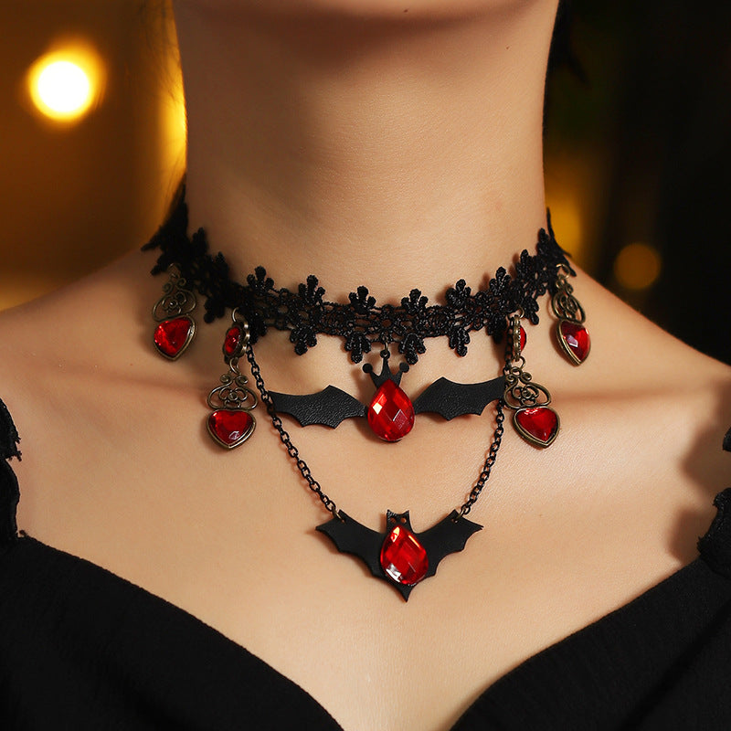 Gothic Lace Bat Choker Necklace with Red Crystal Charms from Mish Mash Market