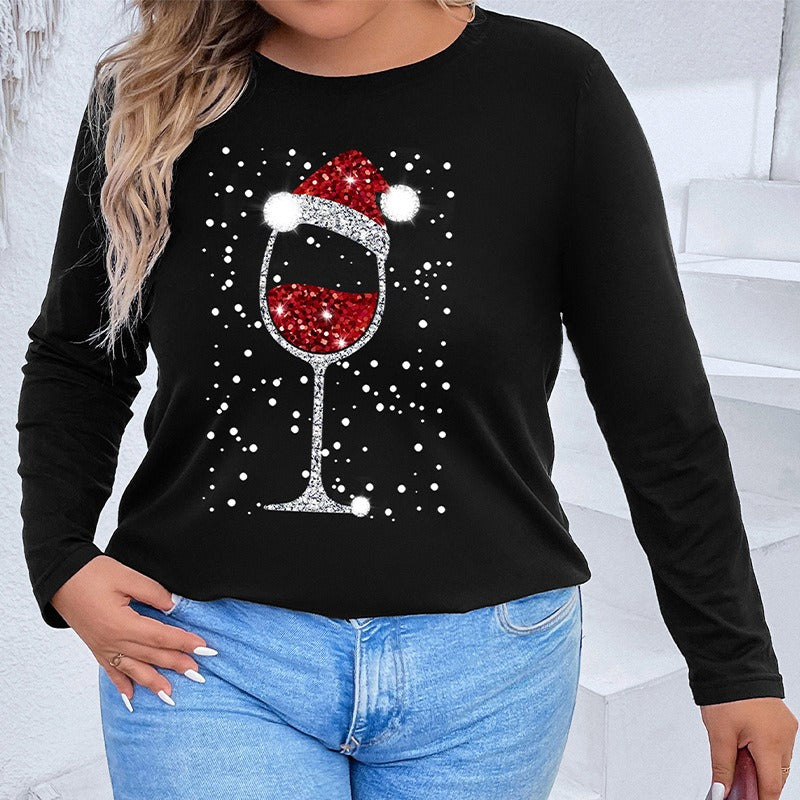 Plus Size Women's Christmas Wine Glass Long Sleeve Top