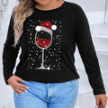 Plus Size Women's Christmas Wine Glass Long Sleeve Top