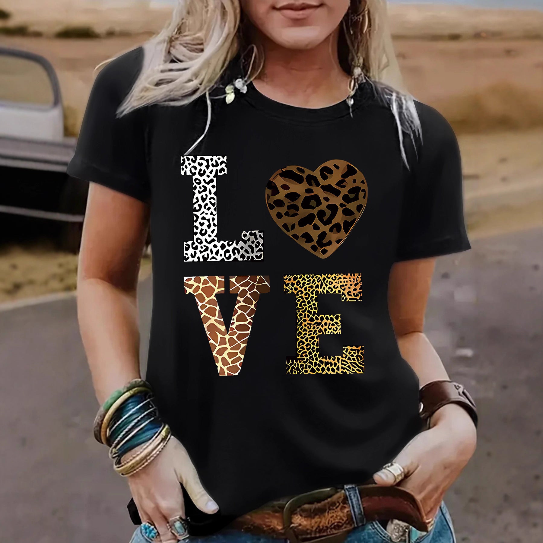 Women’s Leopard Print Love Heart T-Shirt – Short Sleeve Crew Neck Graphic Tee