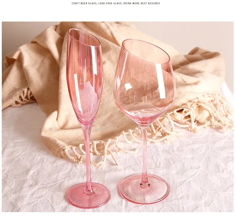 Flamingo Slanted Pink Crystal Champagne Goblet - Elegant Hand-Blown Glassware Set from Mish Mash Market
