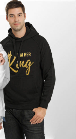 Couple Hooded Sweatshirt with Fleece Lining - I Am His King Queen Gold Letter Creative Sweatshirt from Mish Mash Market