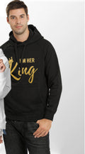 Couple Hooded Sweatshirt with Fleece Lining - I Am His King Queen Gold Letter Creative Sweatshirt from Mish Mash Market