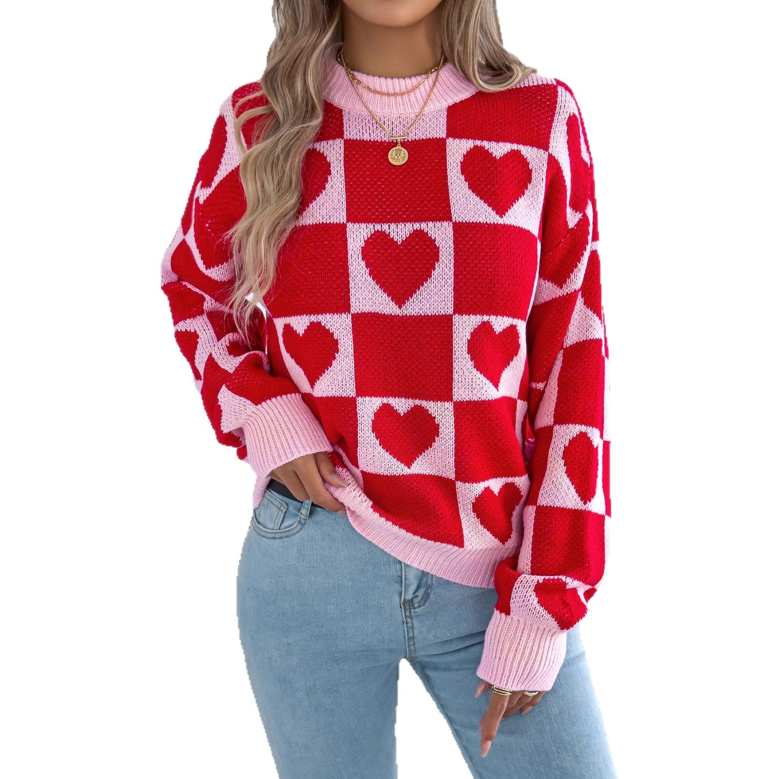 Women's Love Grid Lantern Long Sleeved Pullover – Red & White Heart Pattern Knit Sweater