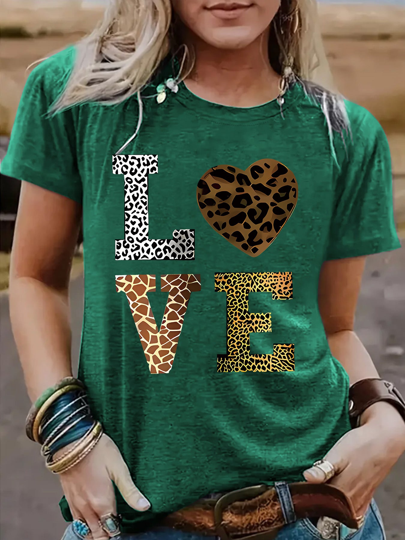 Women’s Leopard Print Love Heart T-Shirt – Short Sleeve Crew Neck Graphic Tee