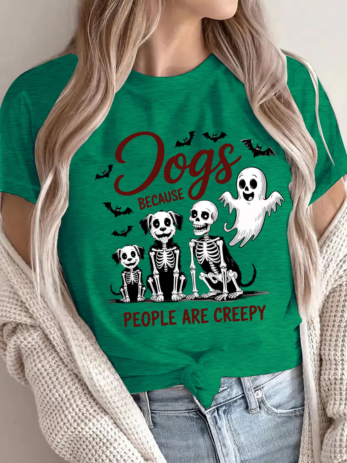 Women's "Dogs Because People Are Creepy" Halloween Printed T-Shirt - Short Sleeve Graphic Tee