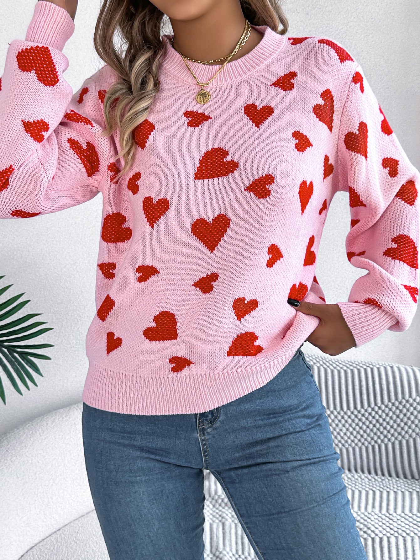 Women's Color-Blocked Love Heart Knit Sweater – Long Sleeve Lantern Sleeve Pullover