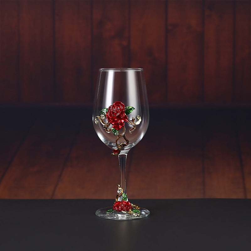 Handmade Enamel Crystal Wine Goblet with Vintage Floral Design and Matching Decanter