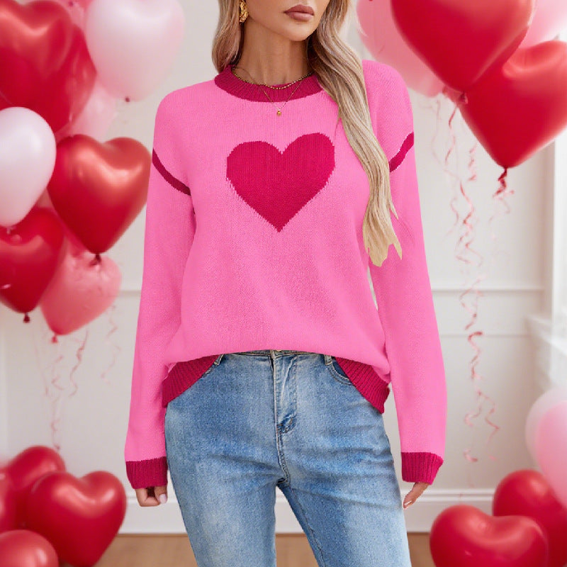 Heart Patch Knit Sweater - Women's Casual Round Neck Pullover from Mish Mash Market