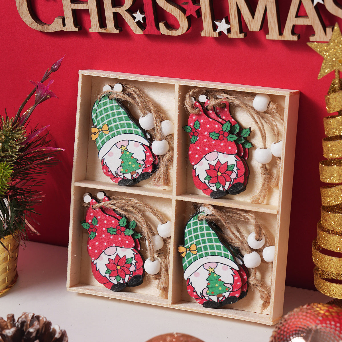 12-Piece Wooden Christmas Gnome Ornaments Set
