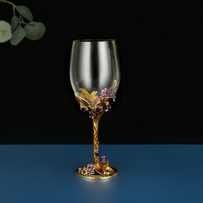Iris Carved Enamel Red Wine Crystal Stemware Set of 2