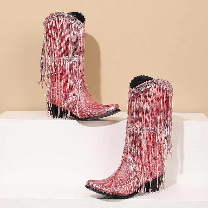 Shiny Glitter Western Boots with Tassels - Women's Mid-Calf Sequin Heeled Boots from Mish Mash Market