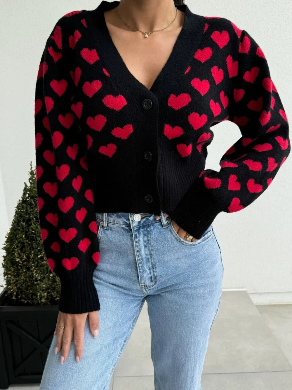 Heart Print Cardigan - V-Neck Cropped Knit Sweater from Mish Mash Market