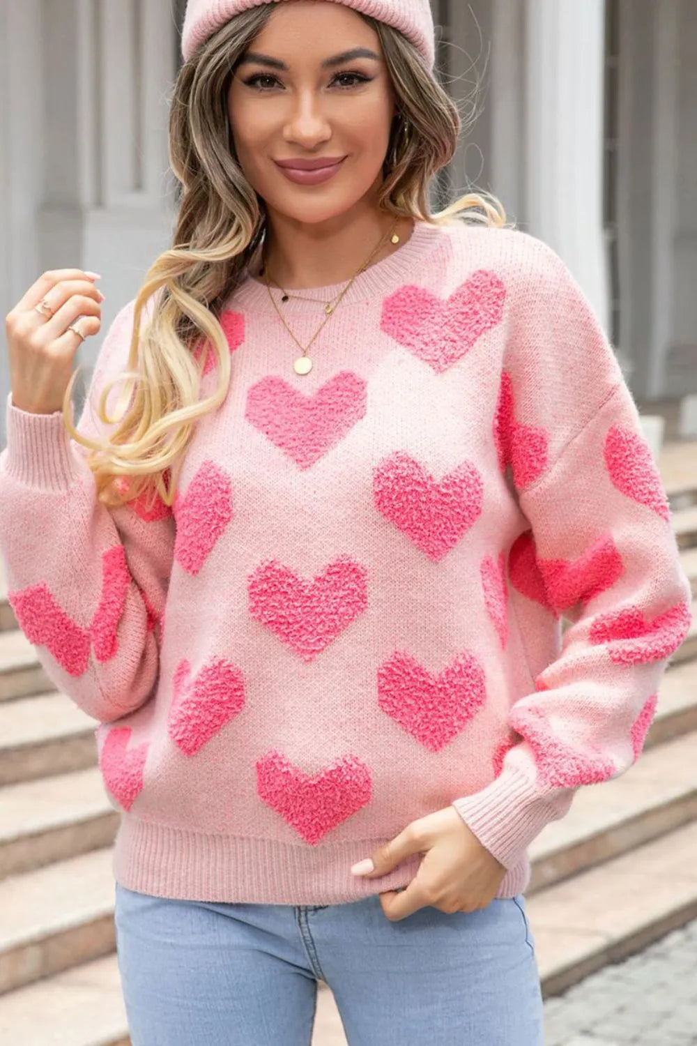 Women's Valentine's Day Heart Jacquard Sweater - Casual Round Neck Knit from Mish Mash Market