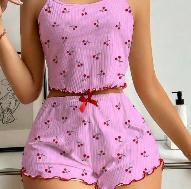 Women’s Two-Piece Love Heart Print Pajamas – Sleeveless Crop Top and Ruffle Shorts Set