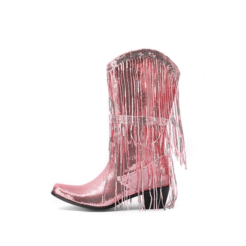 Shiny Glitter Western Boots with Tassels - Women's Mid-Calf Sequin Heeled Boots