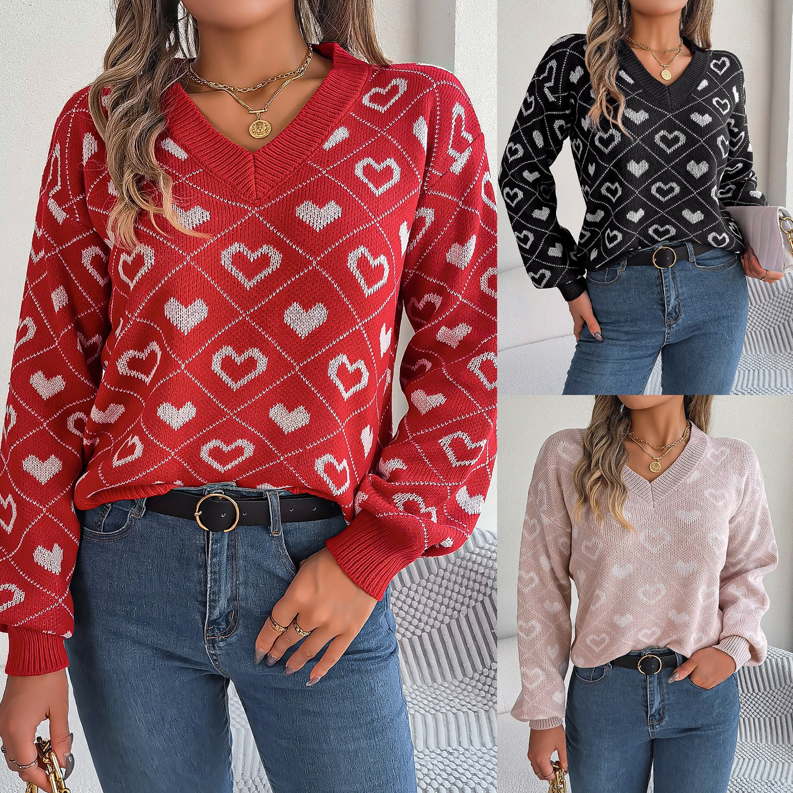 Women’s Long Sleeve V-Neck Love Heart Sweater – Relaxed Fit Lantern Sleeve Knit Top