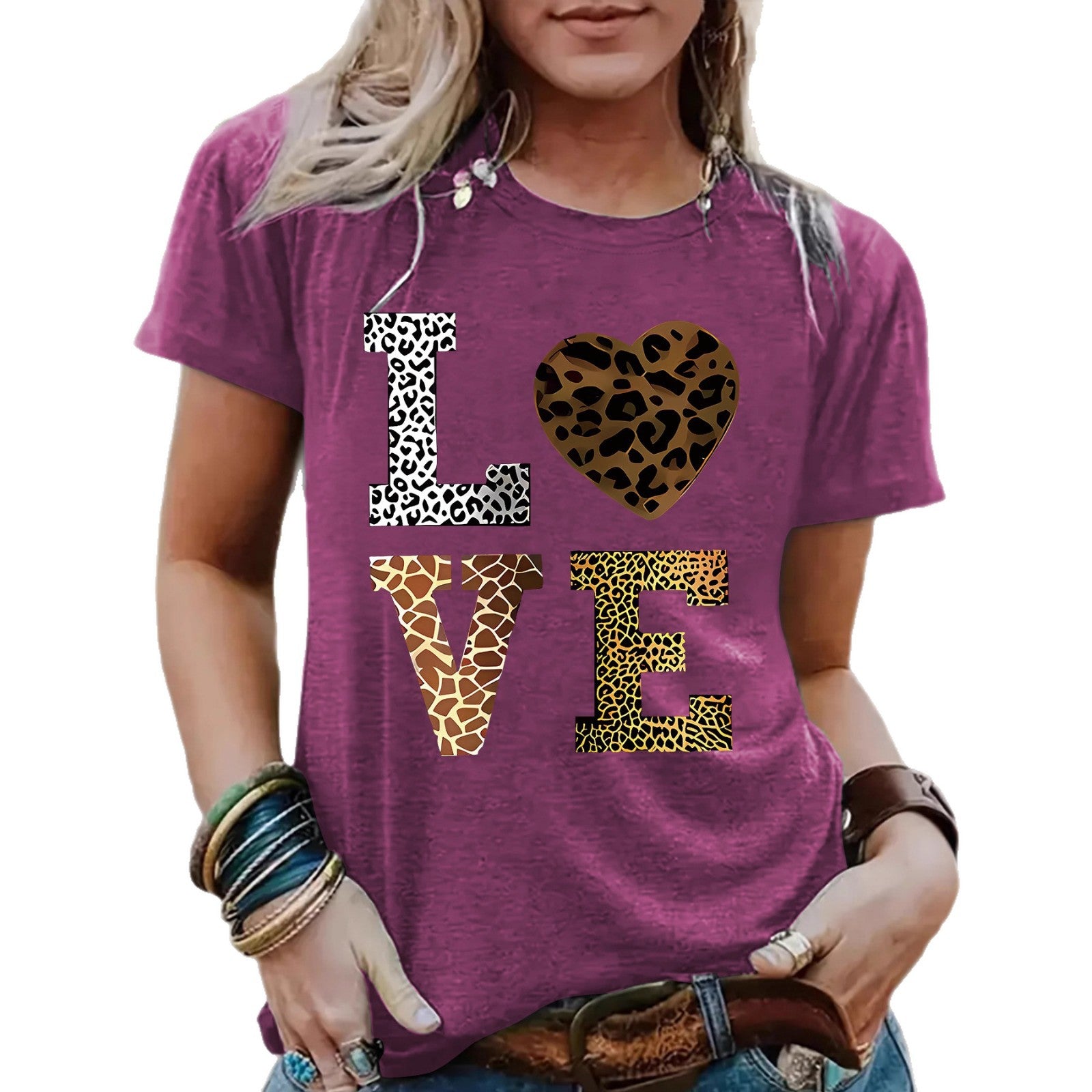 Women’s Leopard Print Love Heart T-Shirt – Short Sleeve Crew Neck Graphic Tee