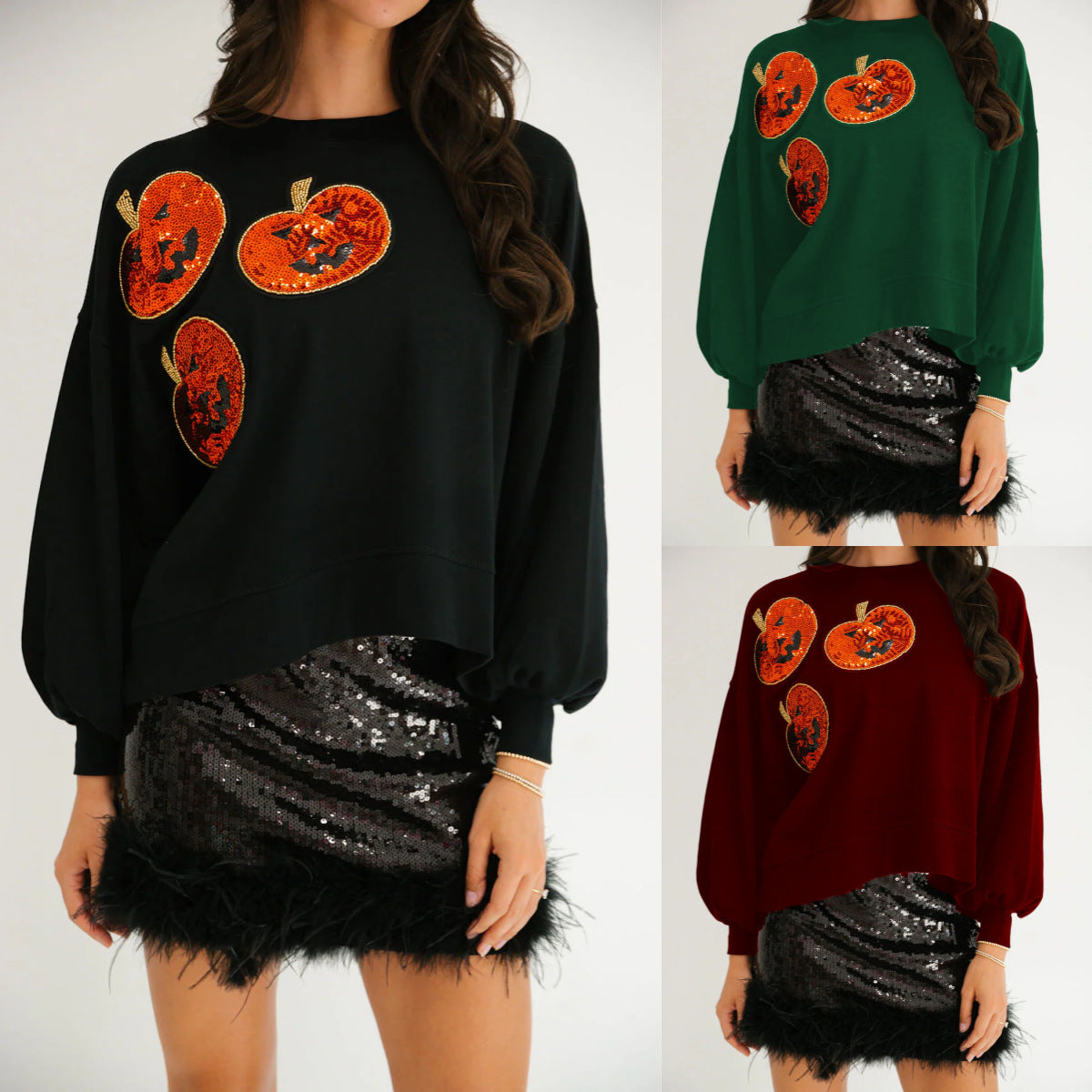Women's Halloween Pumpkin Sequin Long Sleeve Hoodie - Loose Fit Casual Sweatshirt from Mish Mash Market