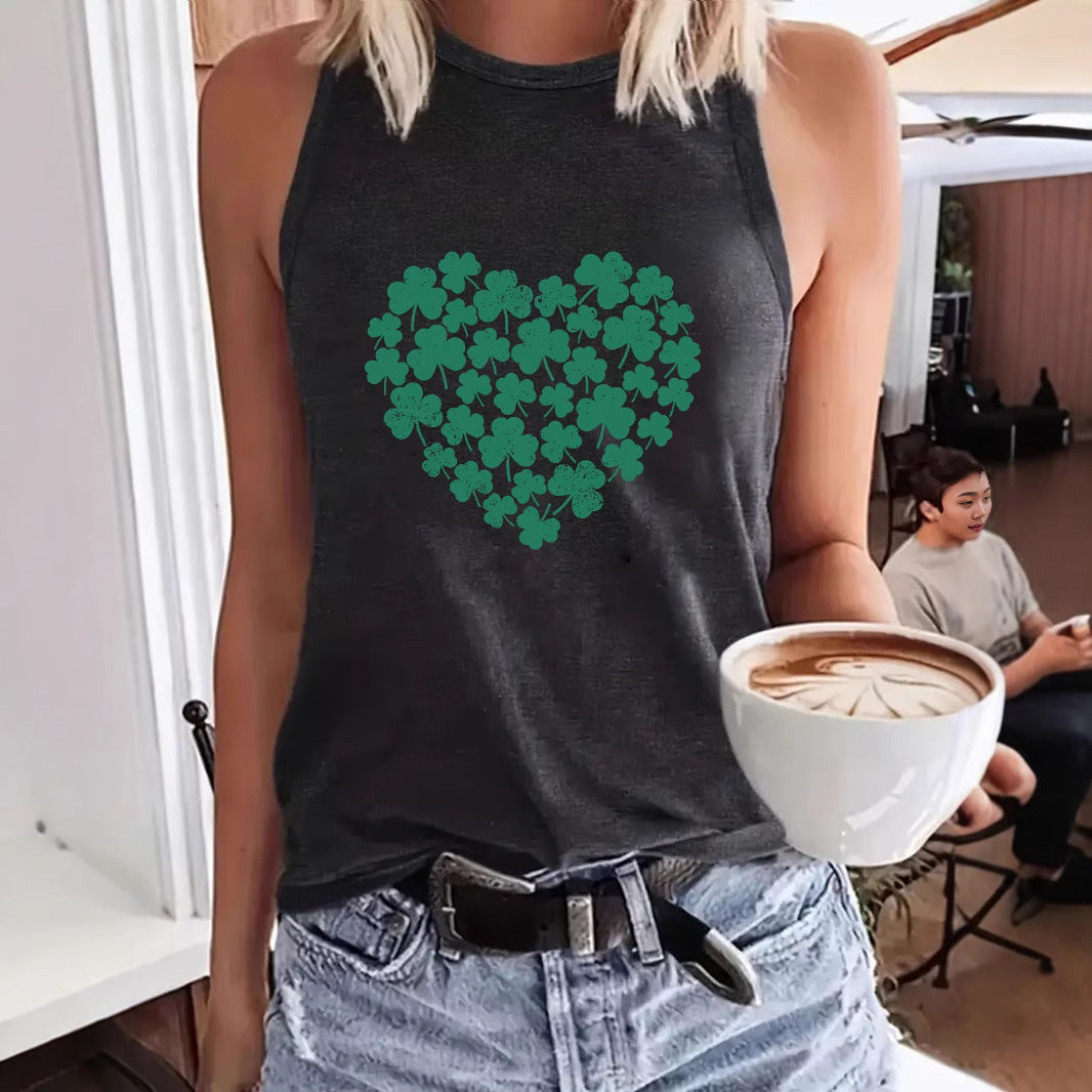Lucky Clover Heart Printed Tank Top - Western Style Sleeveless Cotton Shirt from Mish Mash Market