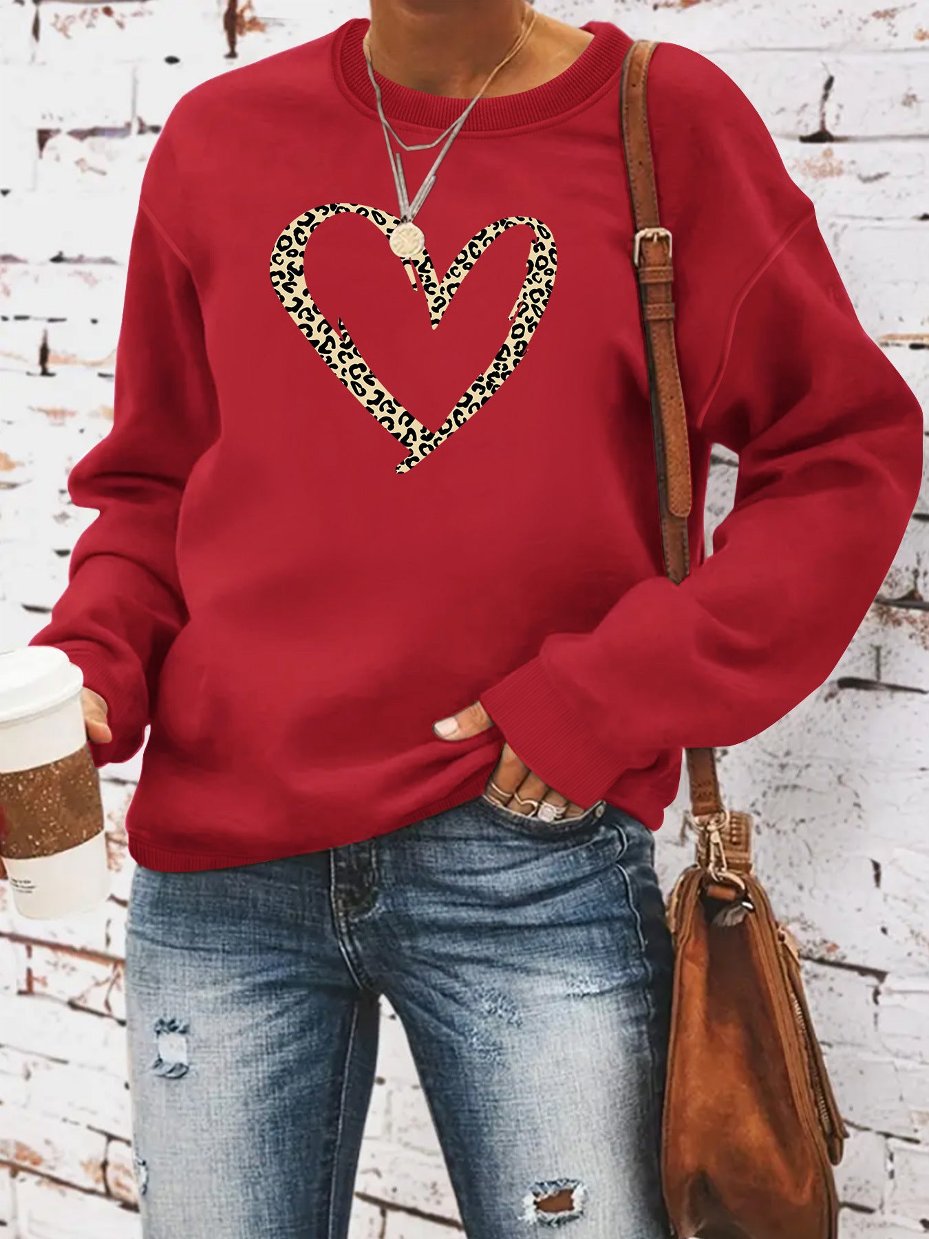 Women’s Leopard Heart Print Sweatshirt – Casual Long Sleeve Crew Neck Pullover