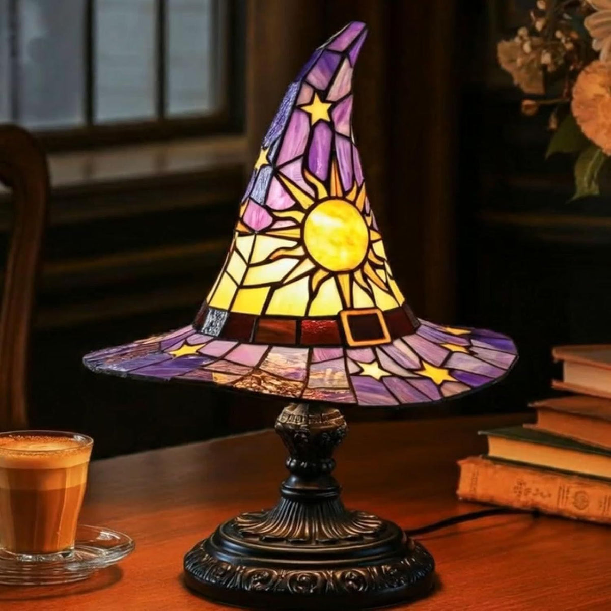Stained Glass Witch Hat Table Lamp - USB Powered Halloween Resin Decor from Mish Mash Market