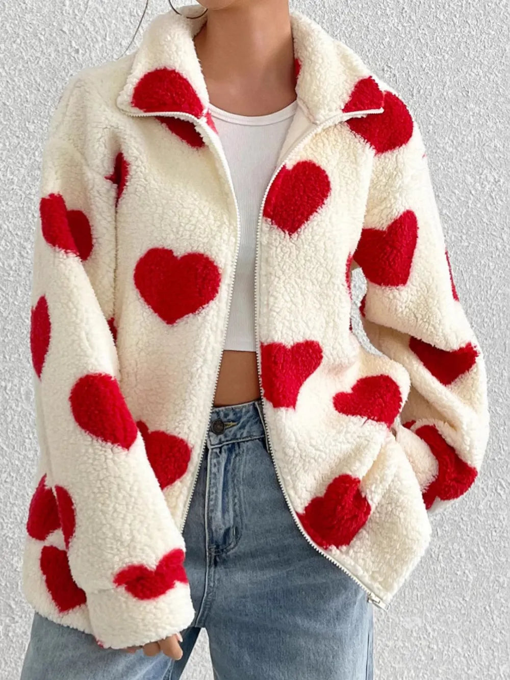 Women’s Long Sleeve Love Heart Print Zipper Cardigan Jacket – Relaxed Fit Fall Outerwear