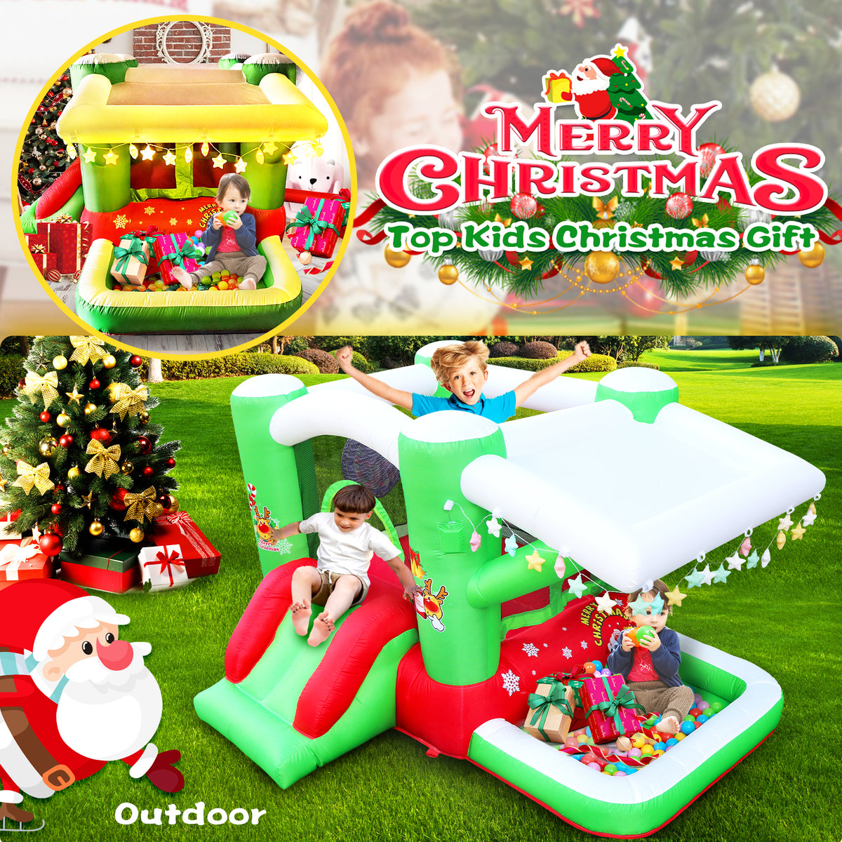 Christmas Inflatable Bounce House with Slide & Blower