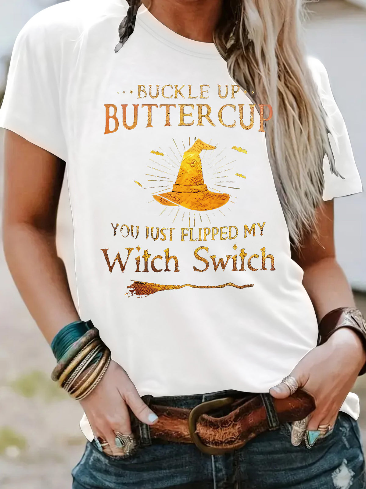 Buckle Up Buttercup You Just Flipped My Witch Switch Graphic T-Shirt from Mish Mash Market