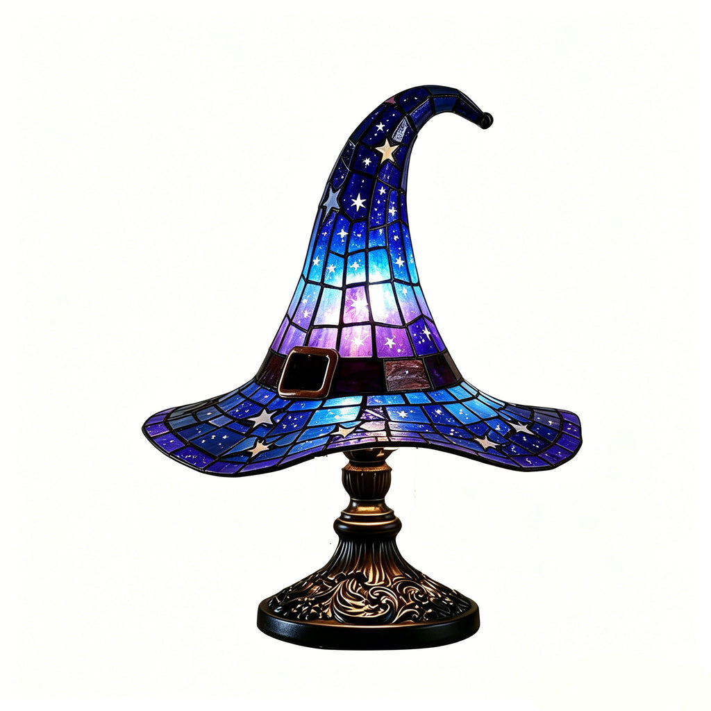 Stained Glass Witch Hat Table Lamp - USB Powered Halloween Resin Decor from Mish Mash Market