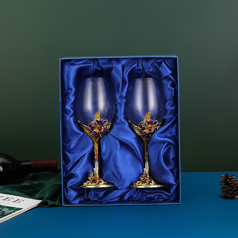Iris Carved Enamel Red Wine Crystal Stemware Set of 2