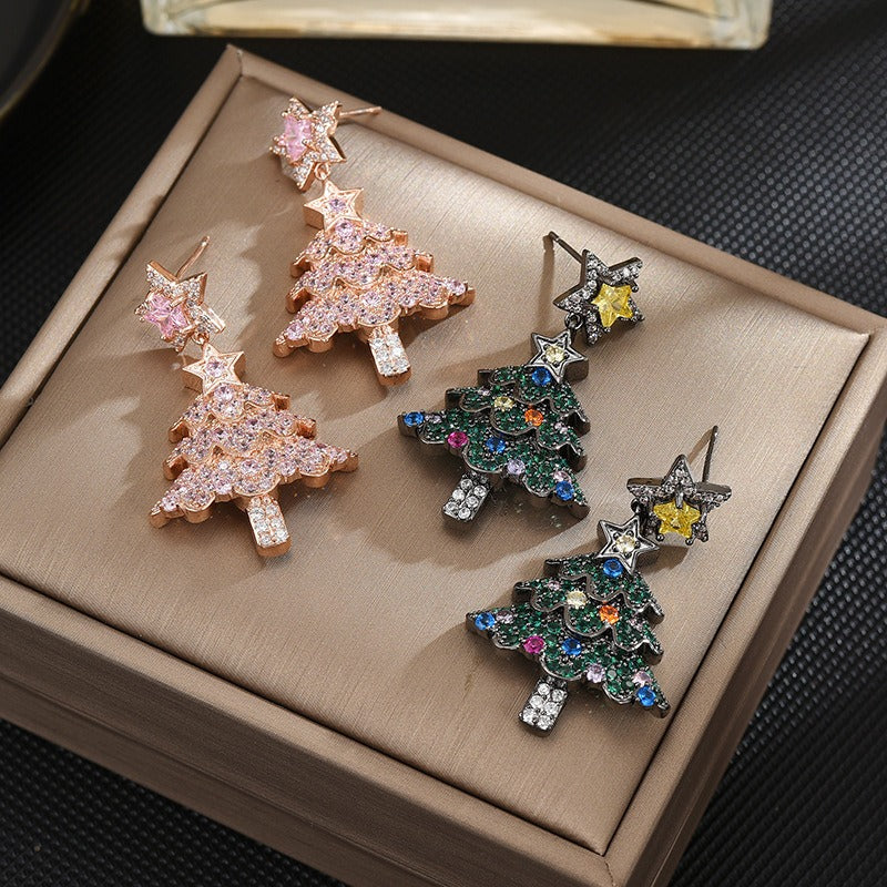 Silver Needle Zircon Star Christmas Tree Drop Earrings