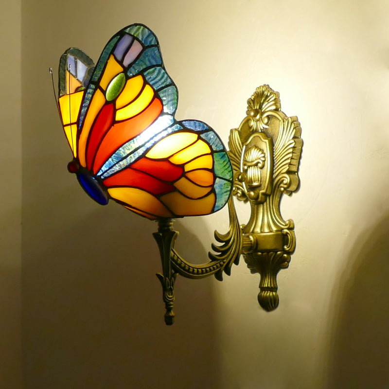 Tiffany Style Stained Glass Butterfly Wall Sconce – Colorful Vintage Accent Lighting
