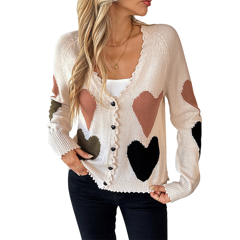 Women’s Love Heart V-Neck Knitted Sweater Jacket – Loose Fit Button-Down Cardigan